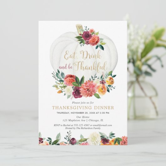 Eet Drink en wees dankbaar Floral Thanksgiving Kaart (Staand voorkant)