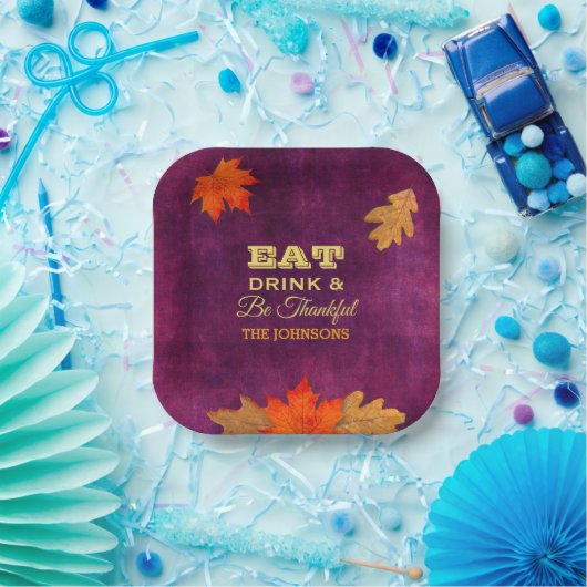 Eet Drink en wees dankbaar Plum Leaves Papieren Bordje (Feest)