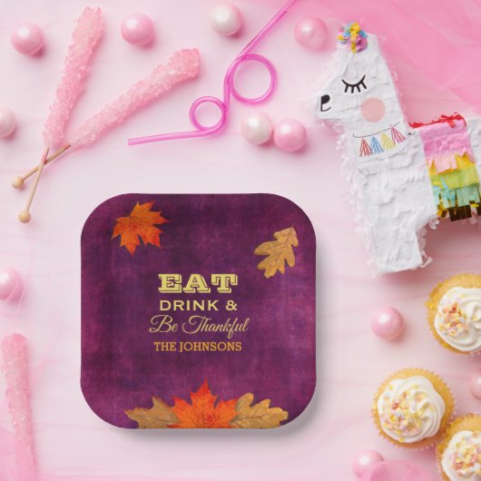 Eet Drink en wees dankbaar Plum Leaves Papieren Bordje (Feest)
