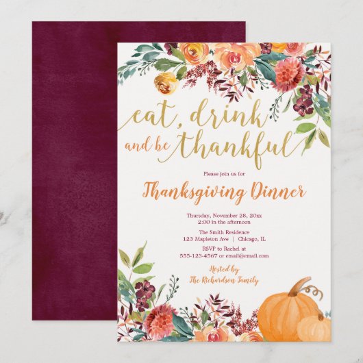Eet Drink en wees dankbaar Thanksgiving Diner Kaart (Voorkant / Achterkant)