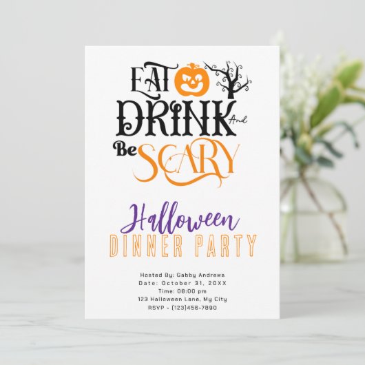 Eet Drink en wees eng Halloween Dinner Party Kaart (Staand voorkant)