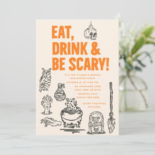 Eet Drink en wees eng Halloween-feest voor volwass Kaart (Staand voorkant)