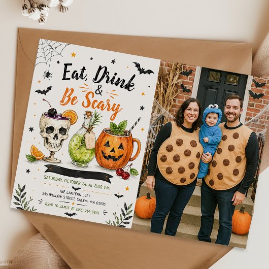 Eet, drink en wees eng Halloween-feestfoto Kaart