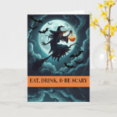Eet, drink en wees eng, Halloween Heks Kaart (Gele Bloem)