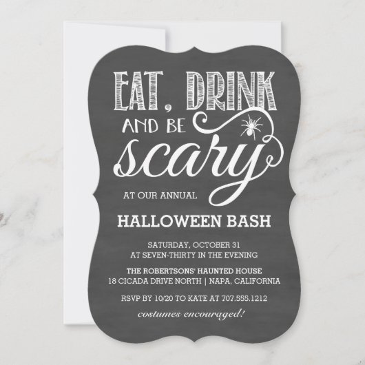 Eet, Drink en wees eng Halloween Party schoolbord Kaart (Voorkant)