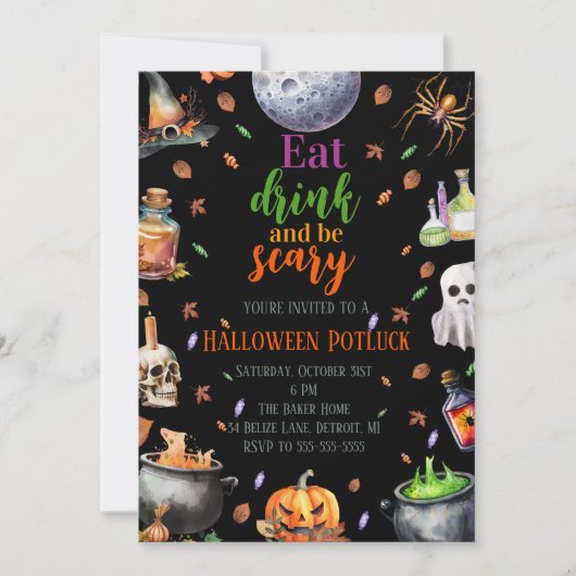 Eet Drink en wees eng Halloween Potluck Party Kaart (Voorkant)