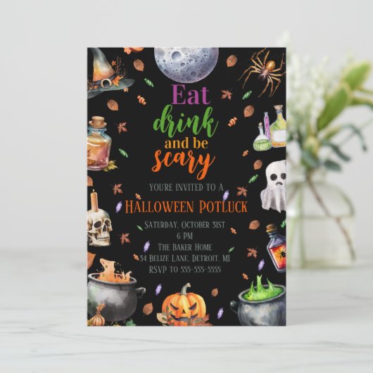Eet Drink en wees eng Halloween Potluck Party Kaart (Staand voorkant)