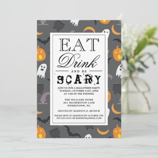 Eet Drink en wees eng | Happy Halloween-partij Kaart (Staand voorkant)