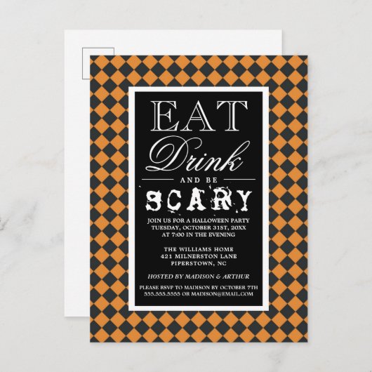 Eet Drink en wees eng | Happy Halloween-partij Uitnodiging Briefkaart (Voorkant / Achterkant)