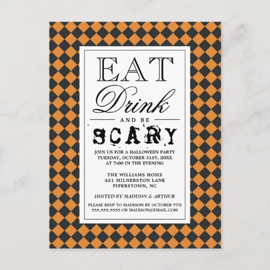 Eet Drink en wees eng | Happy Halloween-partij Uitnodiging Briefkaart (Voorkant)