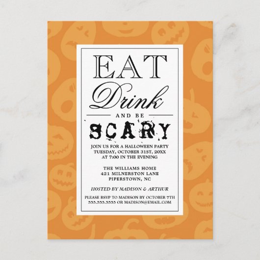 Eet Drink en wees eng | Happy Halloween-partij Uitnodiging Briefkaart (Voorkant)
