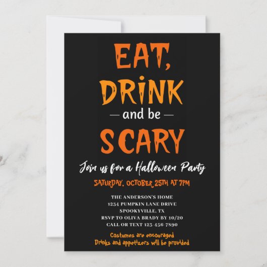 Eet Drink en wees eng Modern Halloween Party Kaart (Voorkant)