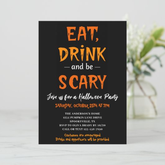 Eet Drink en wees eng Modern Halloween Party Kaart (Staand voorkant)
