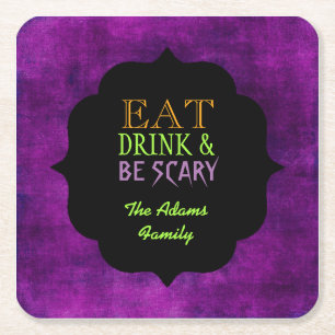 Eet, Drink en Wees Eng Paarse Halloween Kartonnen Onderzetters