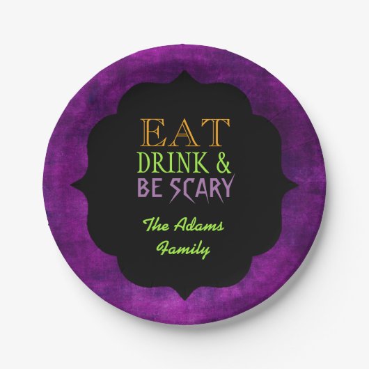 Eet Drink en wees eng Paarse Halloween Papieren Bordje (Voorkant)