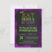 Eet Drink en wees eng Paarse Halloween Uitnodiging (Voorkant)