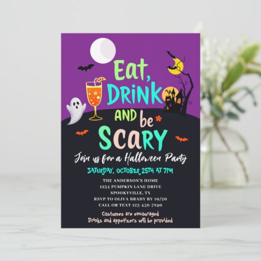 Eet Drink en wees eng Retro kleuren Halloween Part Kaart (Staand voorkant)