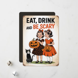 "Eet, drink en wees eng" Vintage Meisjes Halloween Feestdagenkaart