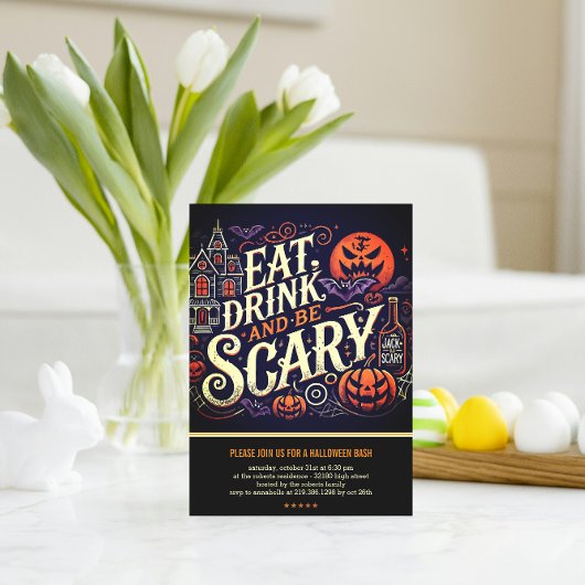 Eet Drink en wees eng zwart Halloween-feest Kaart