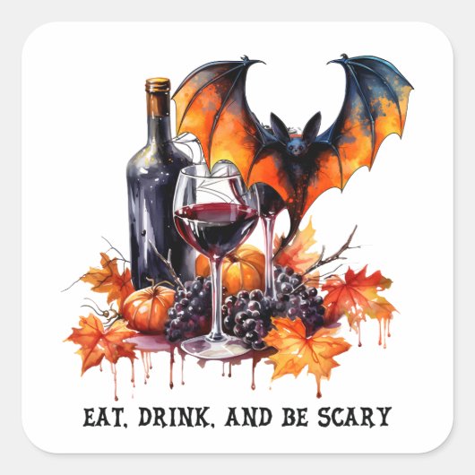 Eet Drink en Wees Enge Herfst Halloween Vleermuis Vierkante Sticker (Voorkant)