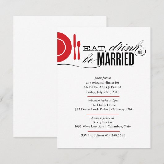 Eet, Drink en wees gehuwd repetitief diner Uitnodi Kaart (Voorkant / Achterkant)