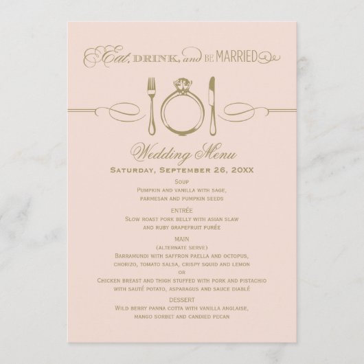 Eet Drink en wees getrouwd Blush Gold Wedding Menu (Voorkant)