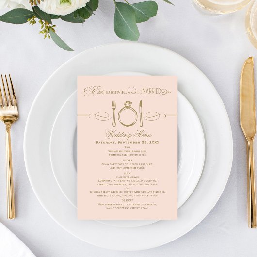 Eet, Drink en Wees Getrouwd Blush Gouden Bruiloft Menu