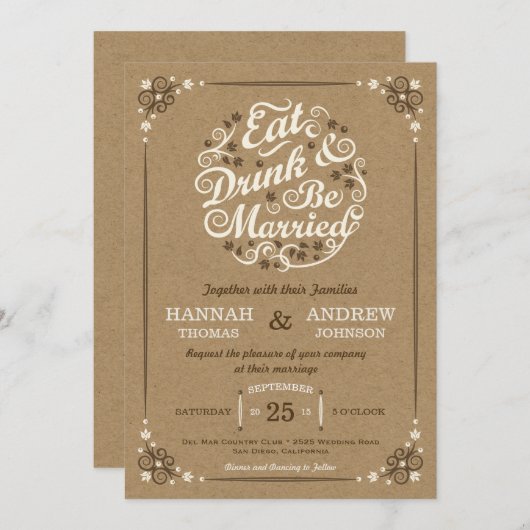 Eet Drink en wees getrouwd bruiloft Kraft Nodig Kaart (Voorkant / Achterkant)