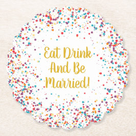 Eet, drink en wees getrouwd bruiloftsreceptie kartonnen onderzetters