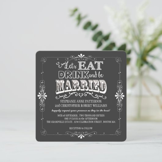 Eet, Drink en wees getrouwd Chalkboard Style Weddi Kaart (Staand voorkant)