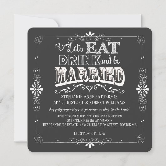 Eet, Drink en wees getrouwd Chalkboard Style Weddi Kaart (Voorkant)