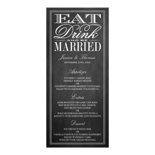 Eet, Drink en wees getrouwd Chalkboard Wedding Men Reclamekaart (Voorkant)