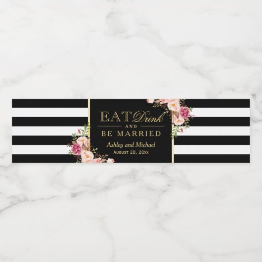 Eet Drink en wees getrouwd | Floral Stripes Bruilo Waterfles Etiket (Enkel label)