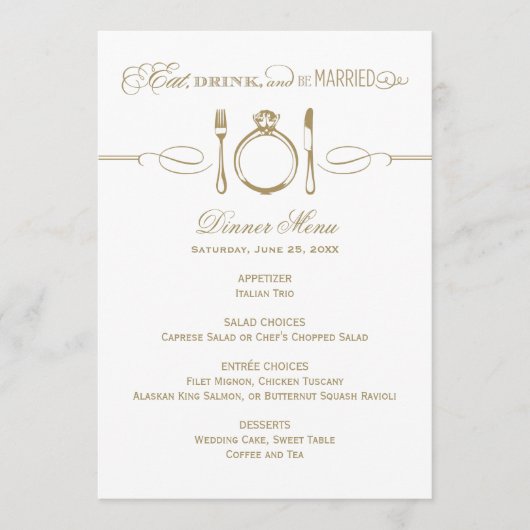 Eet Drink en wees getrouwd Gold Wedding Dinner Menu (Voorkant)