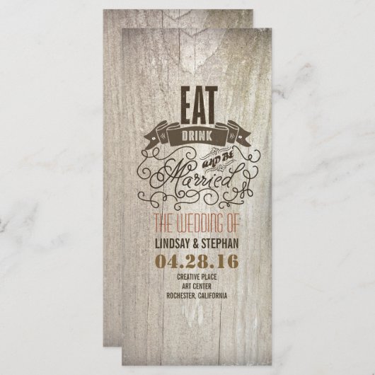 Eet drink en wees getrouwd huwelijksprogramma's programmakaart (Voorkant / Achterkant)