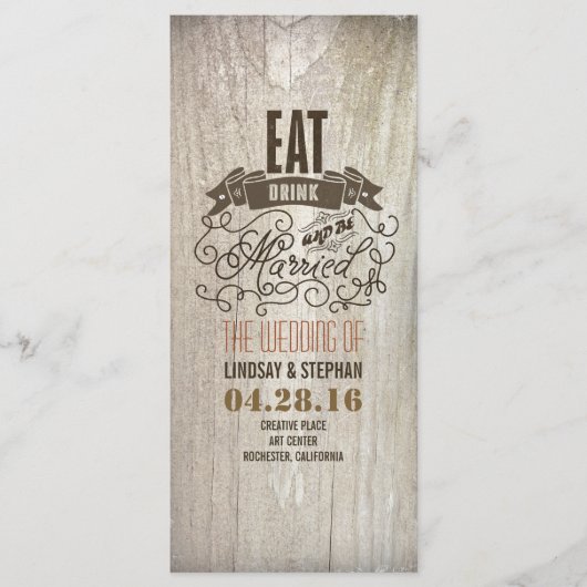 Eet drink en wees getrouwd huwelijksprogramma's programmakaart (Voorkant)