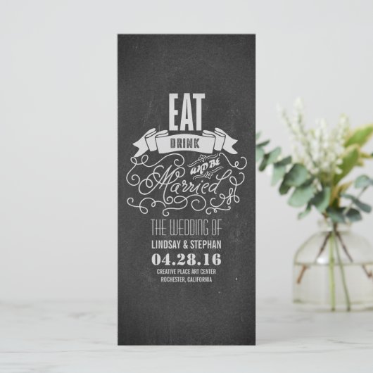 Eet drink en wees getrouwd huwelijksprogramma's programmakaart (Staand voorkant)