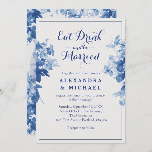 Eet Drink en wees getrouwd met een moderne blauwe  Kaart (Voorkant / Achterkant)