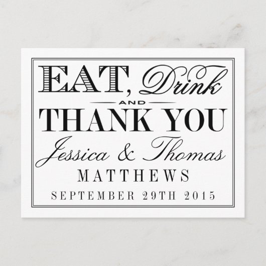 Eet, Drink en wees getrouwd Modern Black/White Wed Briefkaart (Voorkant)