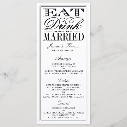 Eet, Drink en wees getrouwd Modern Black/White Wed Menu (Voorkant)
