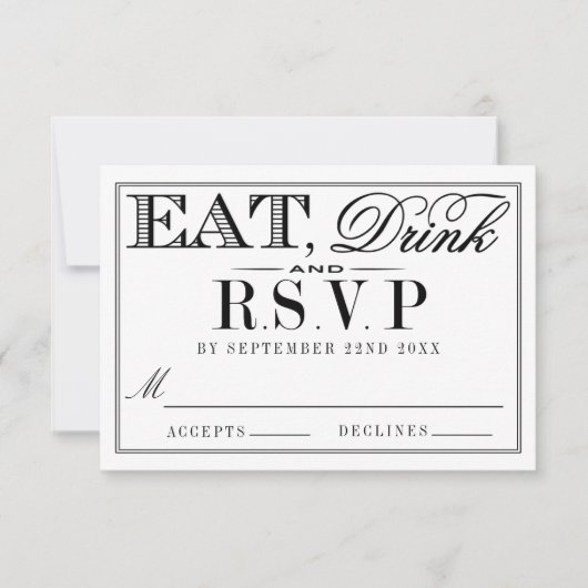 Eet, Drink en wees getrouwd Modern Black/White Wed RSVP Kaartje (Voorkant)