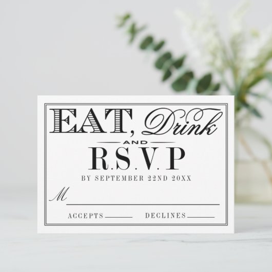 Eet, Drink en wees getrouwd Modern Black/White Wed RSVP Kaartje (Staand voorkant)