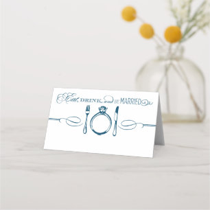 Eet, Drink en Wees Getrouwd Navy Monogram Huwelijk Plaatskaartje