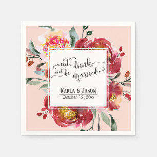 Eet, drink en wees getrouwd Rode bloemen op blozen Servet