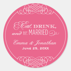 Eet Drink en wees getrouwd Roze Bruiloft Monogram Ronde Sticker