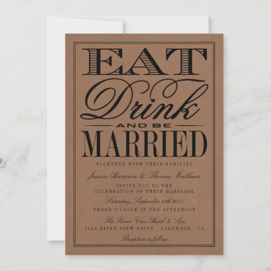 Eet, Drink en wees getrouwd Rustic Kraft Wedding Kaart (Voorkant)