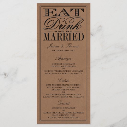 Eet, Drink en wees getrouwd Rustic Kraft Wedding Menu (Voorkant)