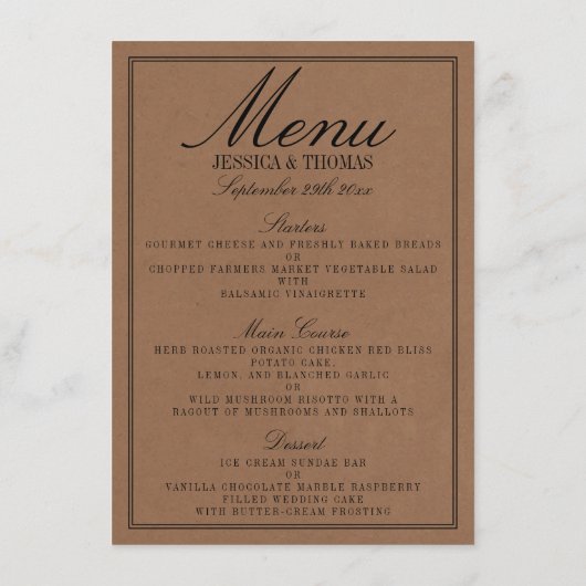 Eet, Drink en wees getrouwd Rustic Kraft Wedding Menu (Achterkant)