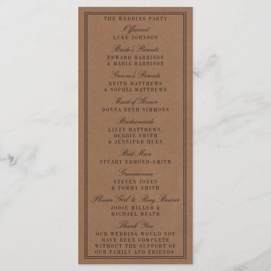 Eet, Drink en wees getrouwd Rustic Kraft Wedding Programmakaart (Achterkant)
