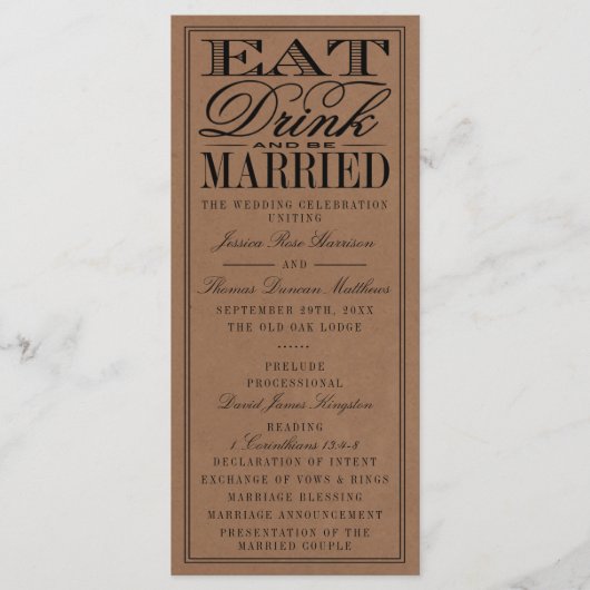 Eet, Drink en wees getrouwd Rustic Kraft Wedding Programmakaart (Voorkant)